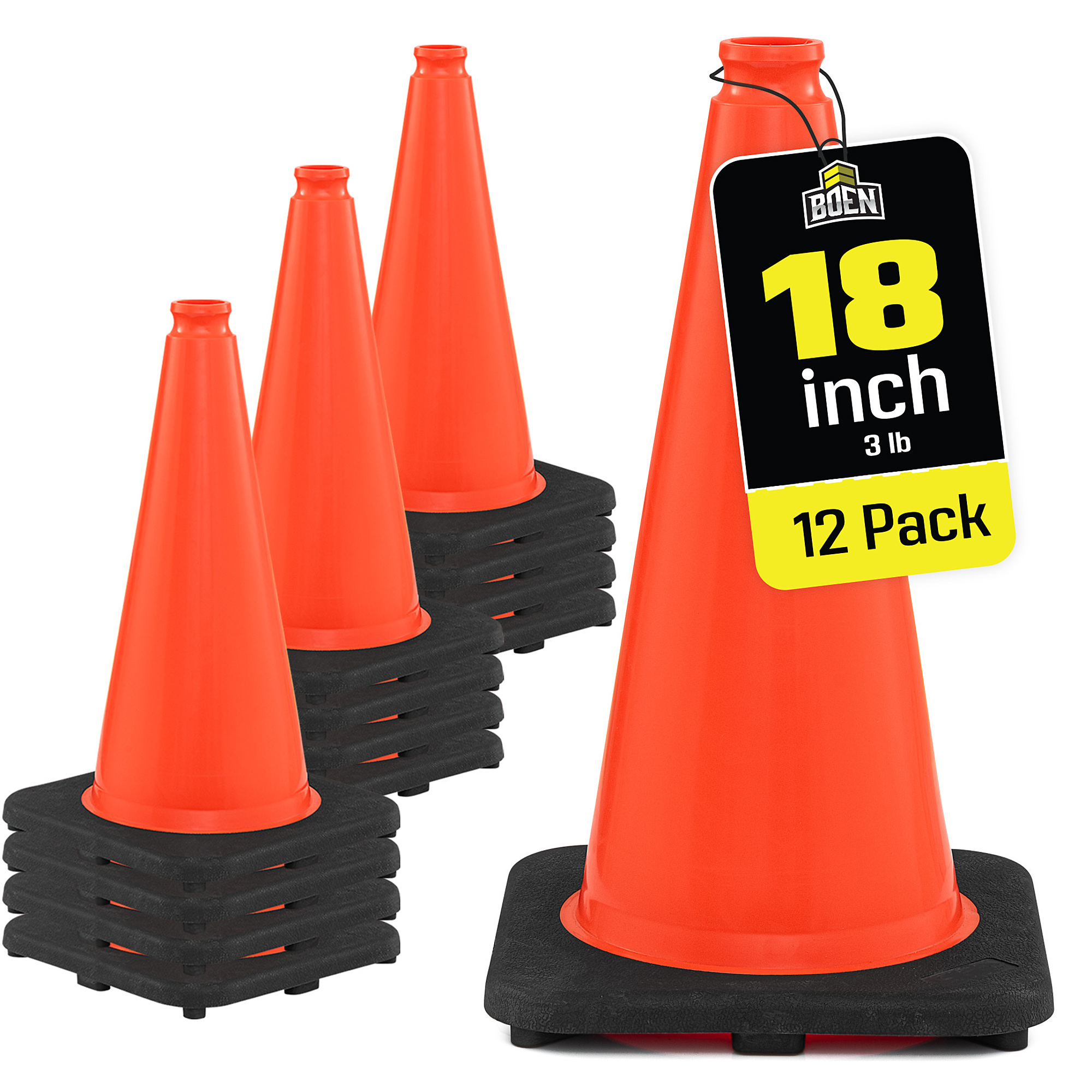 Boen 18 in, Orange Traffic Cone, 12-Pack, High-Visibility Safety Cones with Heavy-Duty Base for Parking, Events & Traffic Control